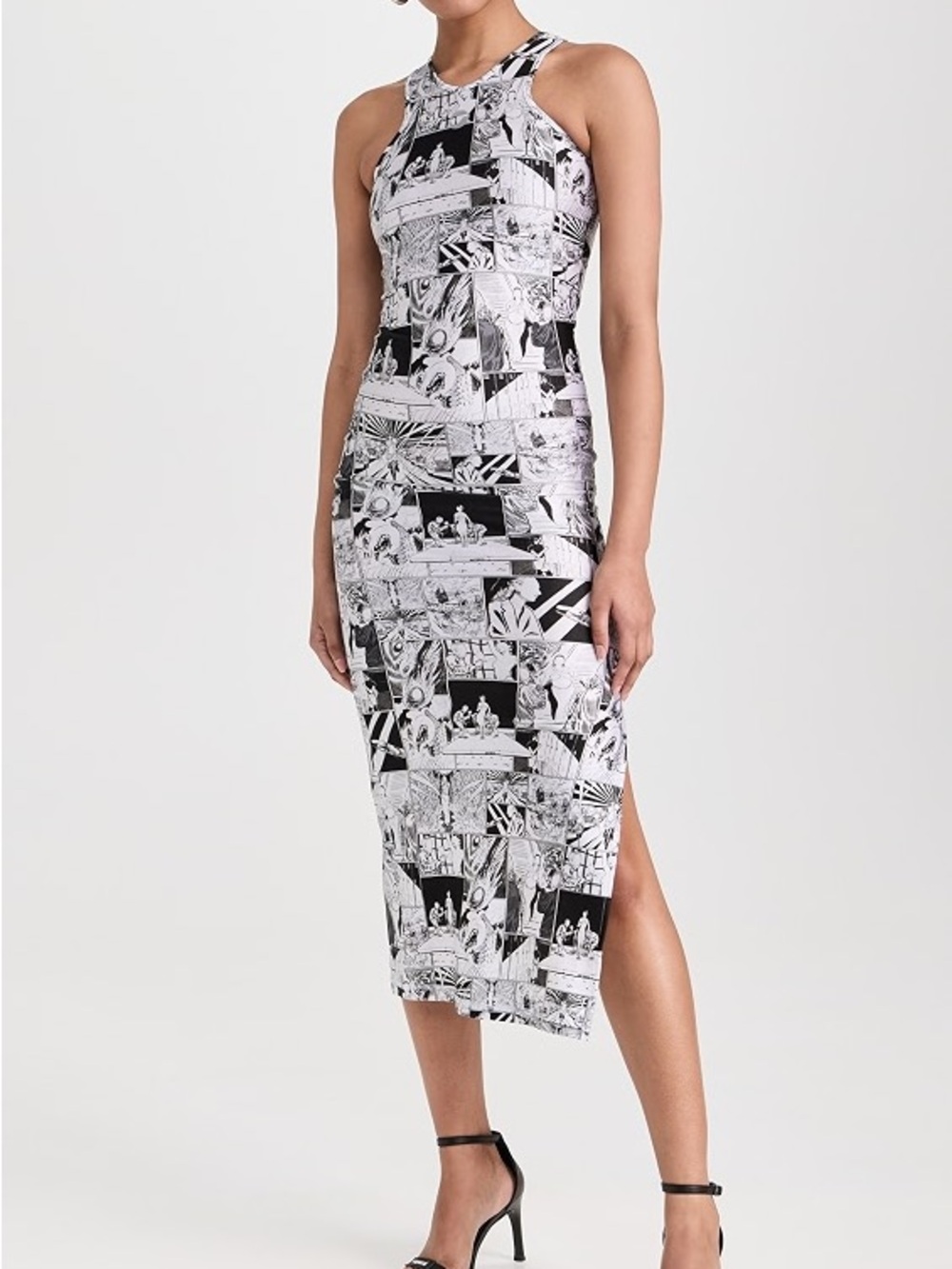 Coperni Black and White Graphic Comic Print Halter Midi Dress